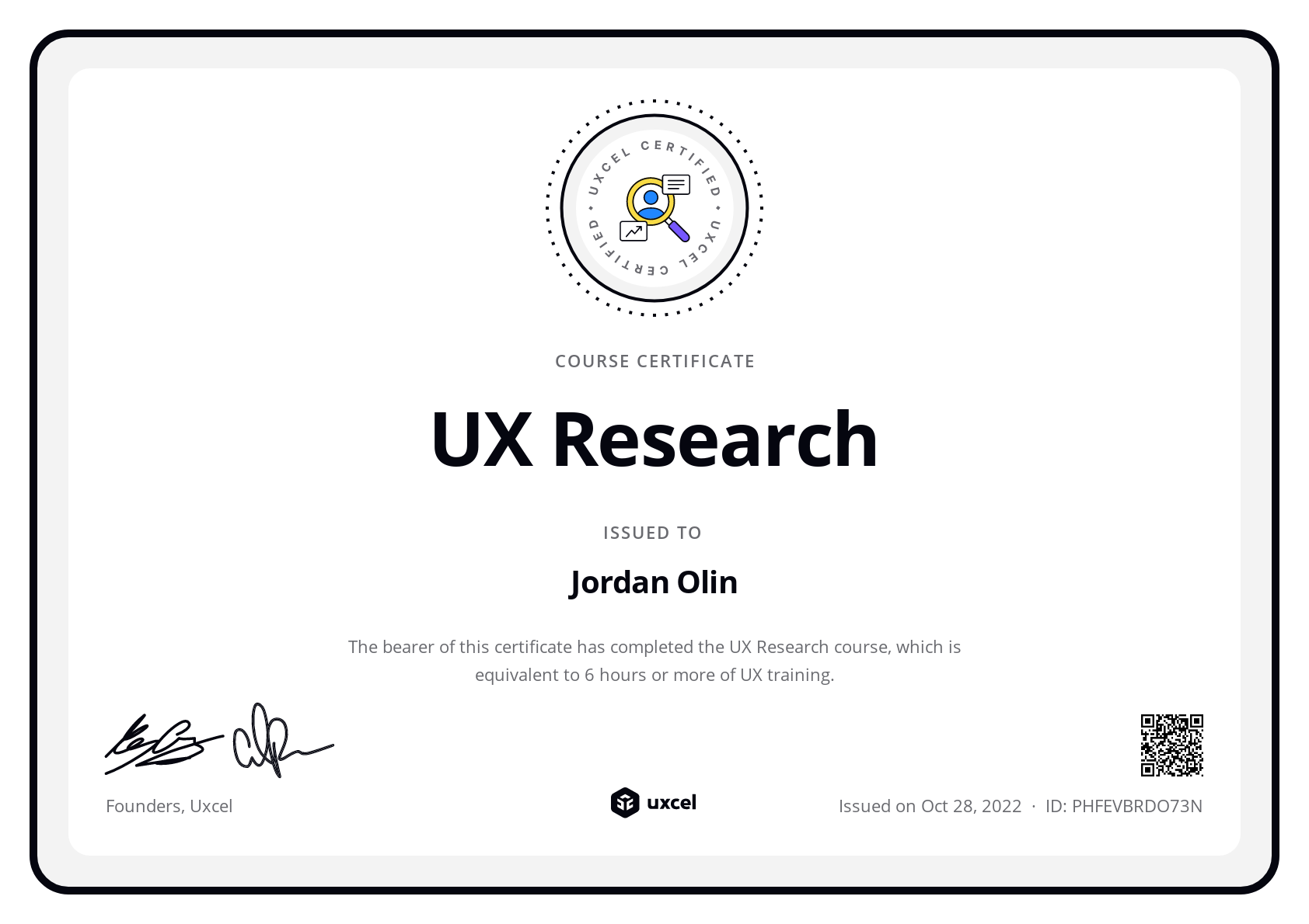 Jordan Olin's certificate